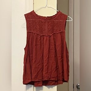 American Eagle Outfitters Red Burgundy Sleeveless Mesh Pleated Top